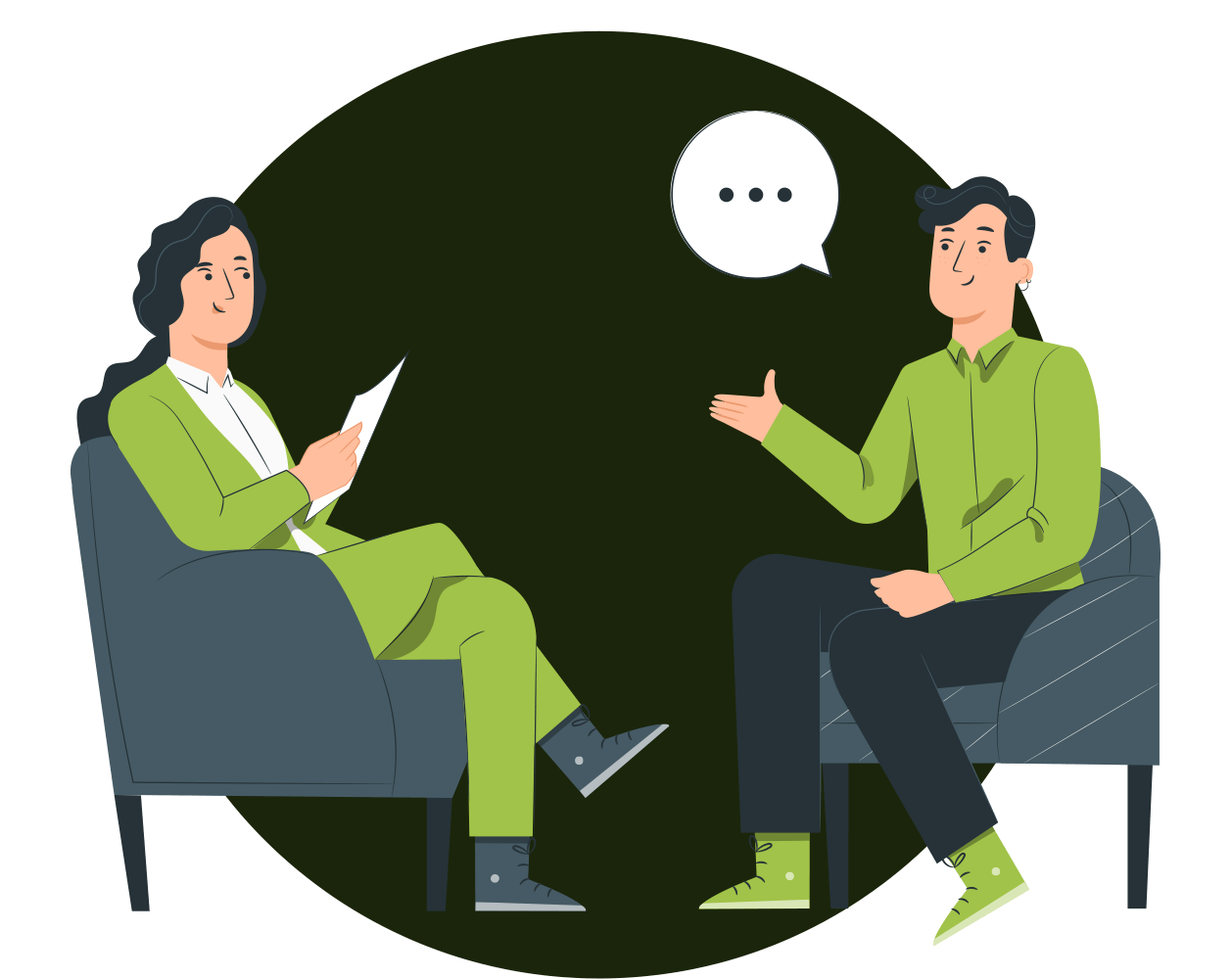 A casual conversation between two individuals, one reading notes, while the other gestures and engages in discussion in a cozy setting.