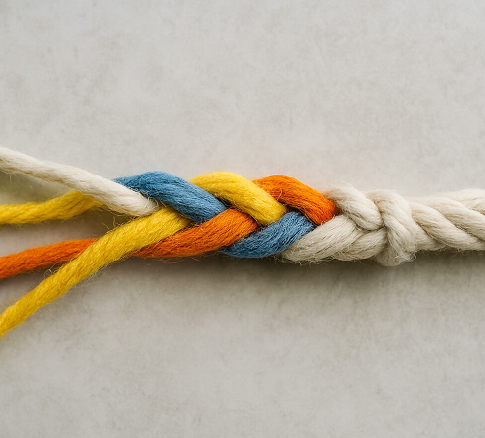 A close-up of vibrant multicolored yarns (blue, yellow, orange, and cream) intricately braided together against a light background.