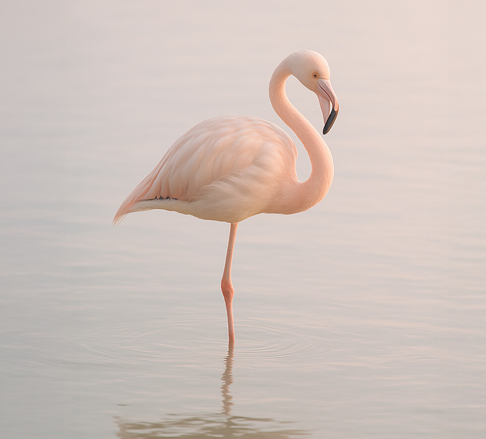 A graceful flamingo stands on one leg in calm waters, bathed in soft pastel hues of dawn.