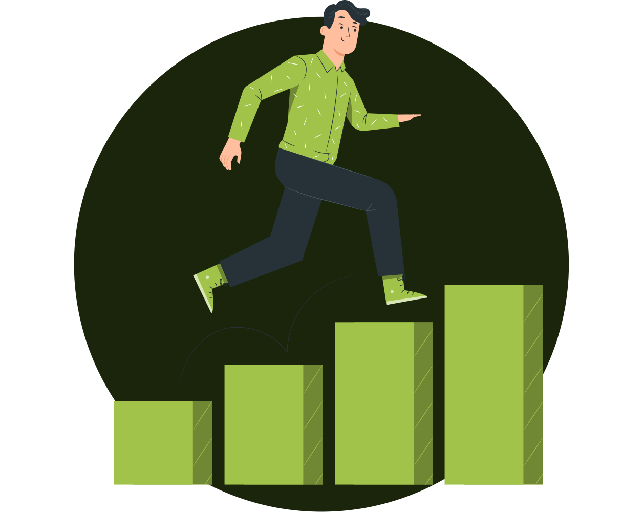 A man in green attire is joyfully stepping up on stacked green bars, symbolizing progress and growth.