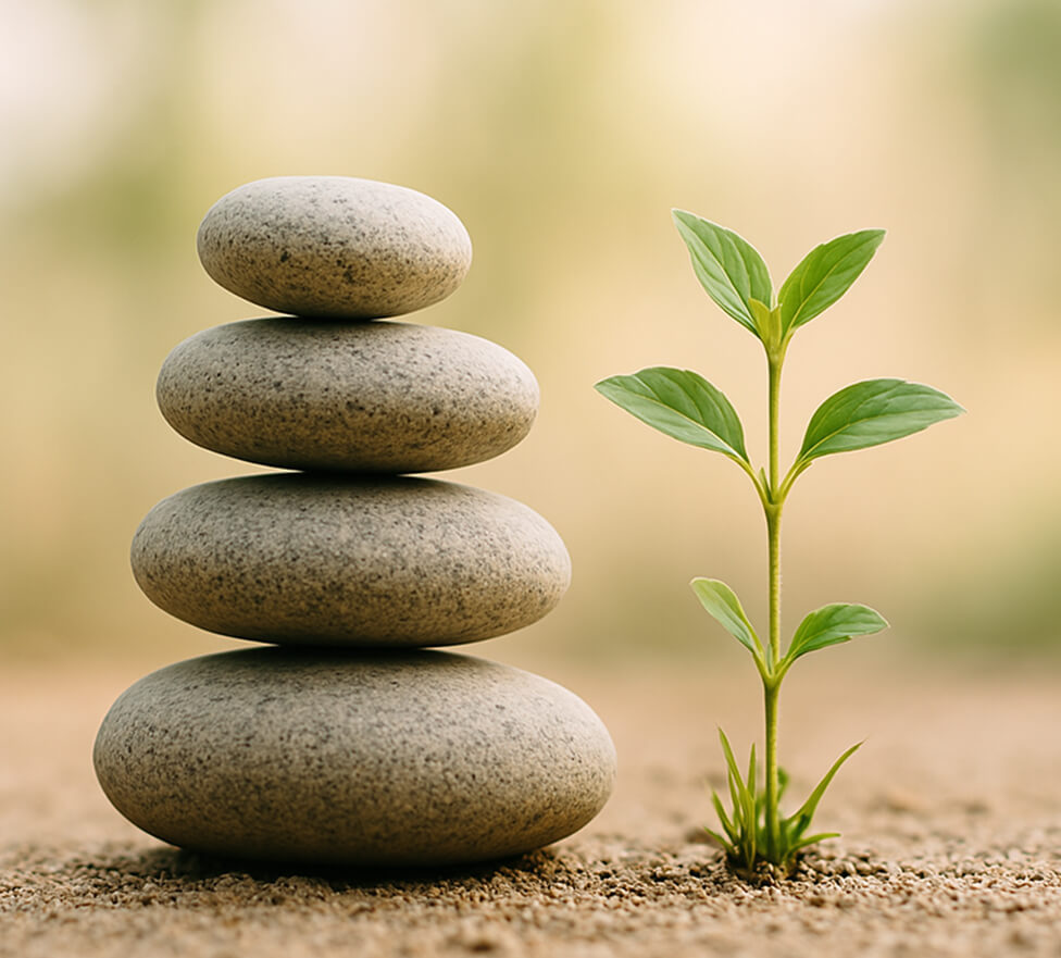 A stack of smooth stones beside a small green plant, symbolizing balance and growth in a serene, blurred background.