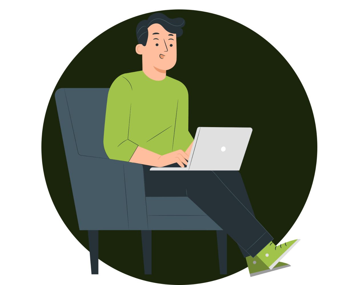 A young man in a green shirt sits comfortably in a chair, using a laptop with a focused expression.