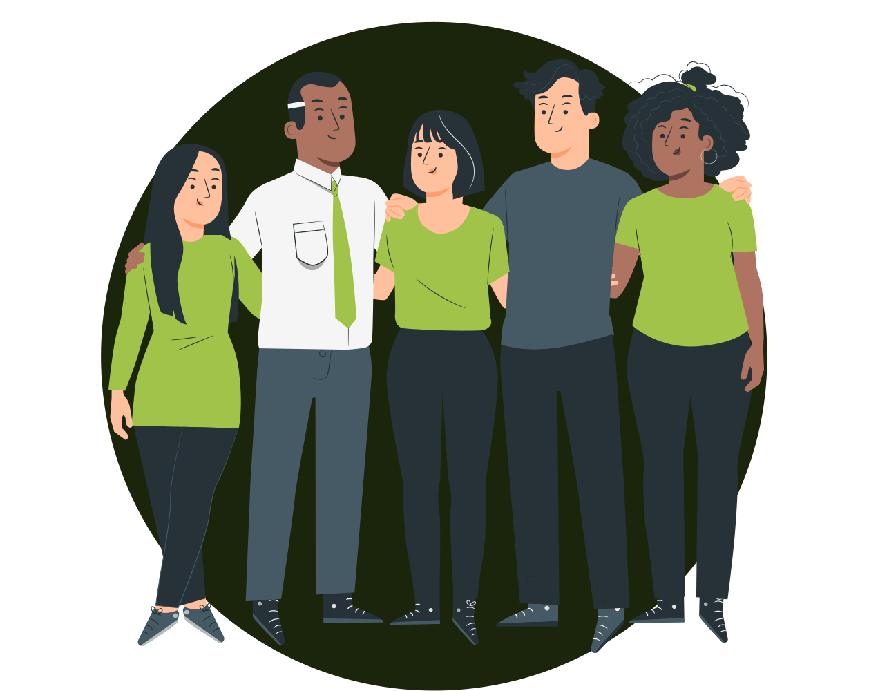 Five friends stand closely together, smiling.