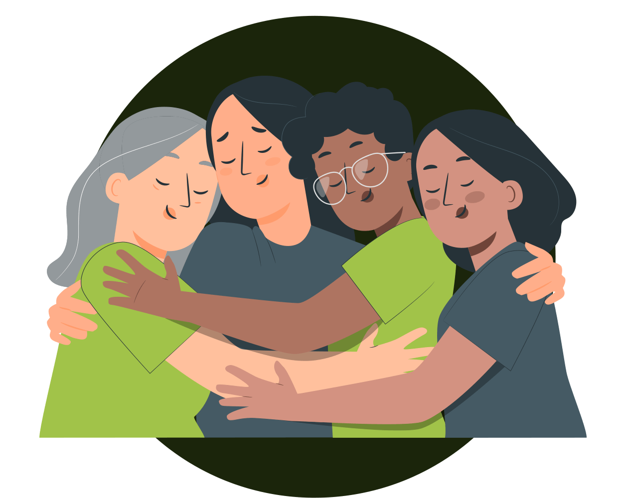 Four diverse women embracing each other warmly, expressing friendship and support.