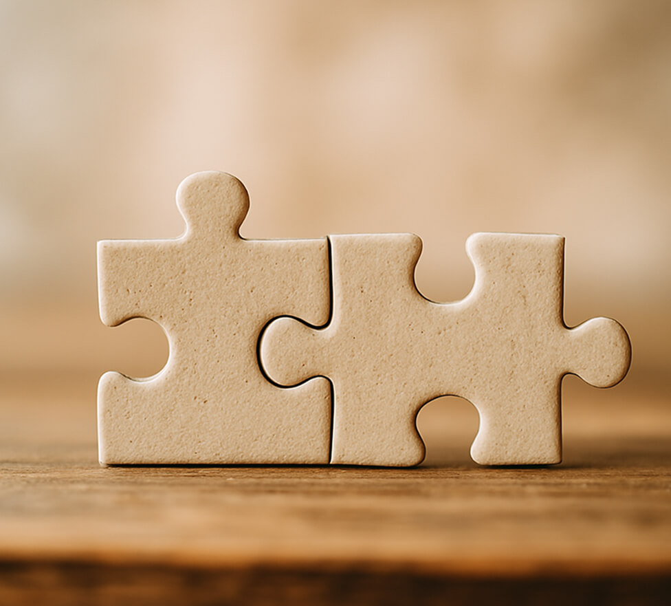 Two cream-colored puzzle pieces connected, resting on a wooden surface with a soft, blurred background.