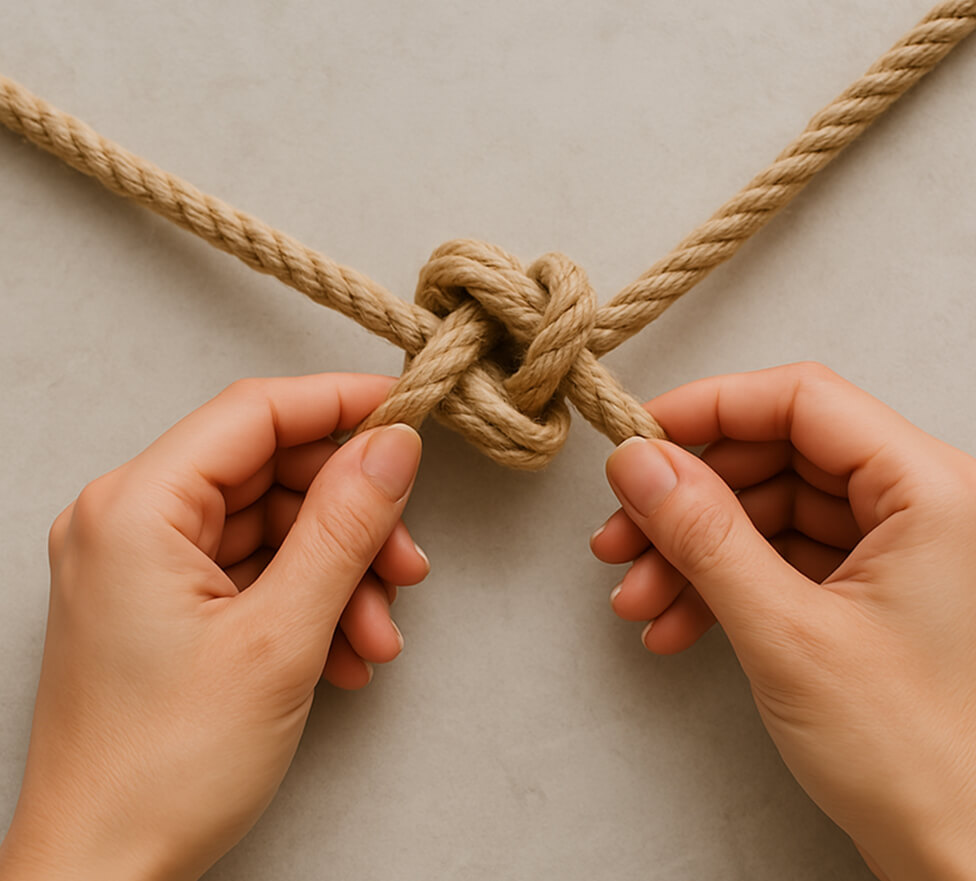 Two hands tie a sturdy knot in a piece of thick, beige rope against a light gray background.